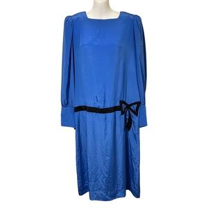 Vintage Leslie Fay Blue Dress with Black Bow